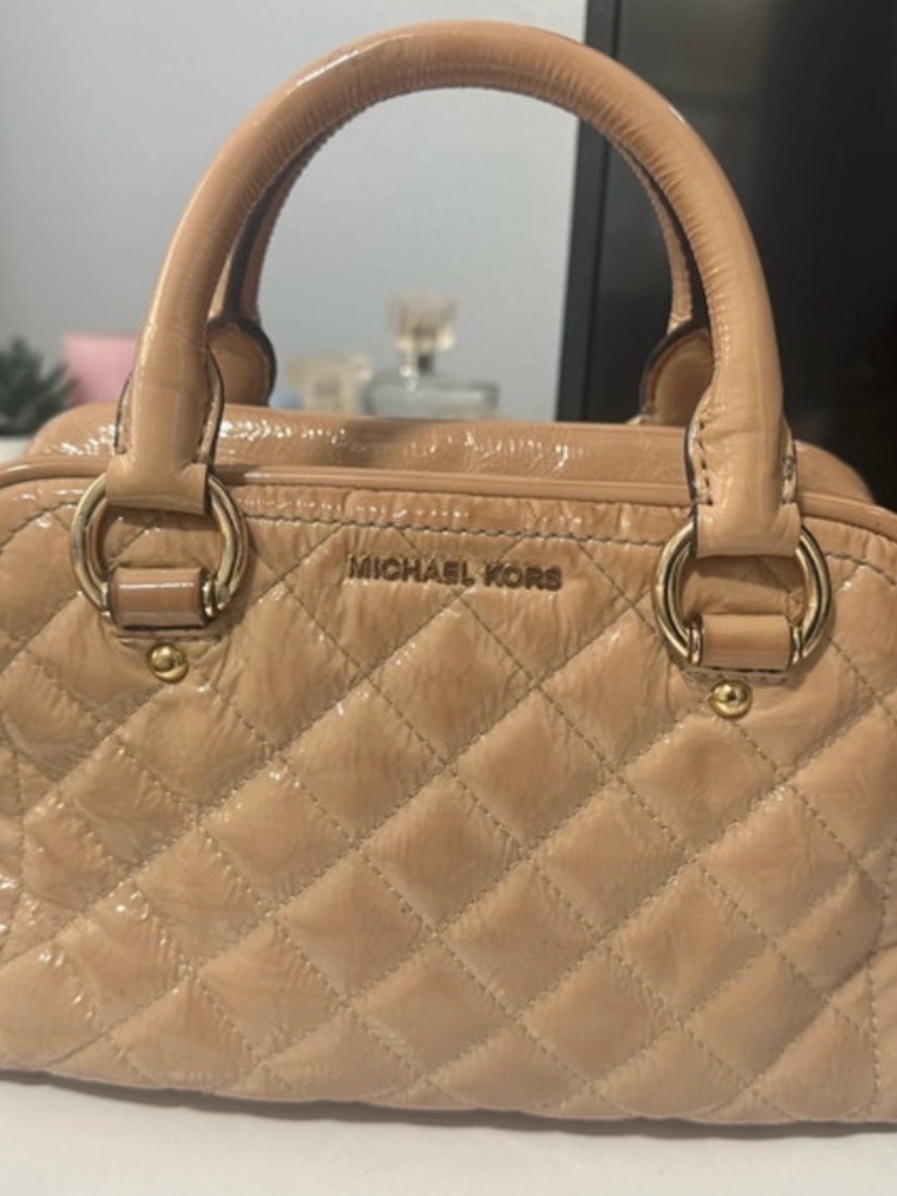 Michael Kors Quilted Patent Satchel in Tan